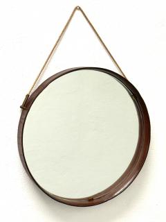 Jacques Adnet French Mid Century Round Stitched Dark Brown Leather Mirror Jacques Adnet 1955 - 4214679