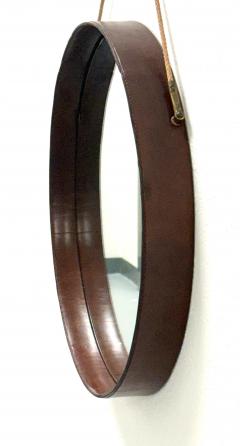 Jacques Adnet French Mid Century Round Stitched Dark Brown Leather Mirror Jacques Adnet 1955 - 4214698