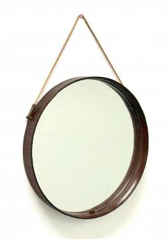 Jacques Adnet French Mid Century Round Stitched Dark Brown Leather Mirror Jacques Adnet 1955 - 4214701