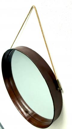 Jacques Adnet French Mid Century Round Stitched Dark Brown Leather Mirror Jacques Adnet 1955 - 4214707