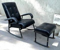 Jacques Adnet Jacques Adnet Rare Rocking Chair and Footstool in Black Hand Stitched Leather - 362290