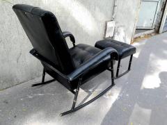 Jacques Adnet Jacques Adnet Rare Rocking Chair and Footstool in Black Hand Stitched Leather - 362292