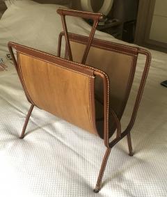 Jacques Adnet Jacques Adnet Rarest Magazine Rack in Hand Stitched Leather and Canvas - 597940