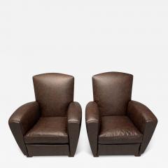 Jacques Adnet Jacques Adnet Style French Art Deco Club Chairs Distressed Leather Oak 1930s - 3467294