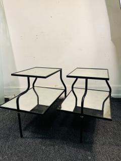 Jacques Adnet MID CENTURY ADNET STYLE LEATHER IRON BRASS EDLOMAISE GLASS DOUBLE TIER TABLES - 4251424