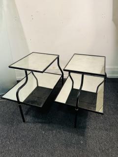 Jacques Adnet MID CENTURY ADNET STYLE LEATHER IRON BRASS EDLOMAISE GLASS DOUBLE TIER TABLES - 4251426