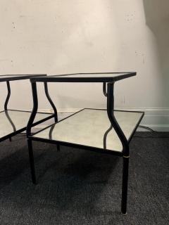 Jacques Adnet MID CENTURY ADNET STYLE LEATHER IRON BRASS EDLOMAISE GLASS DOUBLE TIER TABLES - 4251428