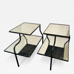 Jacques Adnet MID CENTURY ADNET STYLE LEATHER IRON BRASS EDLOMAISE GLASS DOUBLE TIER TABLES - 4257445