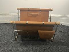 Jacques Adnet MODERN LEATHER AND GOLDTONE METAL WITH CERUSED OAK DOWELS LOG HOLDER - 4136022