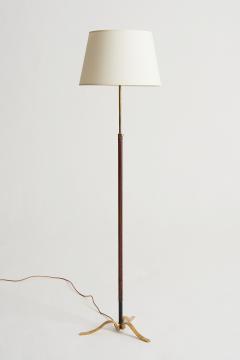 Jacques Adnet Mid Century Brown Leather and Brass Floor Lamp - 2306487