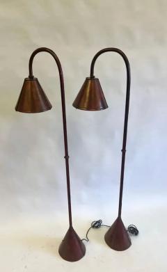 Jacques Adnet Pair French Mid Century Burgundy Stitched Leather Floor Lamps by Jacques Adnet - 3554843