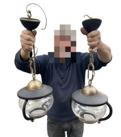 Jacques Adnet Pair of 1950s Stitched leather lanterns by Jacques Adnet - 4472452