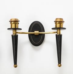 Jacques Adnet Pair of Black Leather and Polished Brass Double Arm Walls Sconces - 2857039