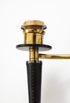 Jacques Adnet Pair of Black Leather and Polished Brass Double Arm Walls Sconces - 2857044