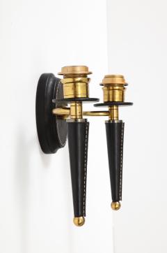 Jacques Adnet Pair of Black Leather and Polished Brass Double Arm Walls Sconces - 2857048