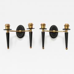 Jacques Adnet Pair of Black Leather and Polished Brass Double Arm Walls Sconces - 2861784