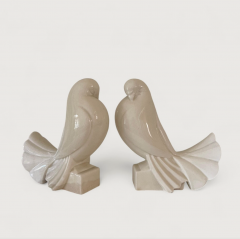 Jacques Adnet Pair of Ceramic Doves by Jacques Adnet Art Deco Ivory Glaze 1930 - 4612991