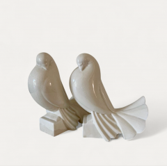 Jacques Adnet Pair of Ceramic Doves by Jacques Adnet Art Deco Ivory Glaze 1930 - 4612993