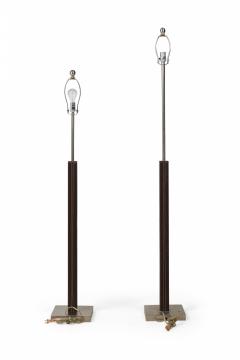 Jacques Adnet Pair of French Matched Brown Stitched Leather Floor Lamps - 4273835