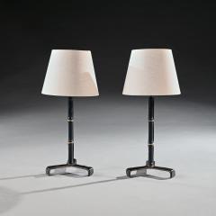 Jacques Adnet Pair of Leather Simulated Bamboo Table Lamps Attributed to Jacques Adnet - 4232061