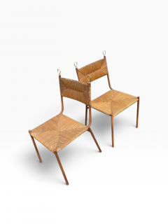 Jacques Adnet Pair of Stitched leather and rattan chairs by Jacques ADNET - 4827911