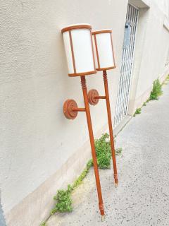 Jacques Adnet Pair of tall stitched leather lantern sconces by Jacques Adnet - 3668823