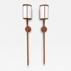 Jacques Adnet Pair of tall stitched leather lantern sconces by Jacques Adnet - 3671237