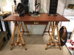 Jacques Adnet Rare Campaign Desk with Bamboo Base and Cognac Stitched Leather  - 1647106