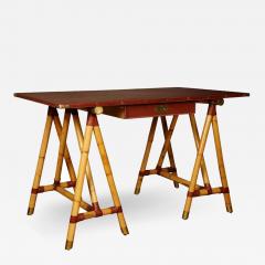 Jacques Adnet Rare Campaign Desk with Bamboo Base and Cognac Stitched Leather  - 1647685