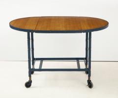 Jacques Adnet Rare oak and blue stitched leather drop leaf table bar cart by Jacques Adnet - 1680373