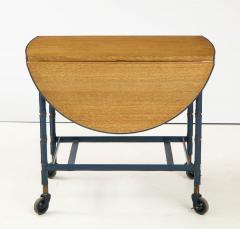 Jacques Adnet Rare oak and blue stitched leather drop leaf table bar cart by Jacques Adnet - 1680376