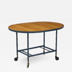 Jacques Adnet Rare oak and blue stitched leather drop leaf table bar cart by Jacques Adnet - 1680688