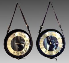 Jacques Adnet Round clock and barometer in black leather by Jacques Adnet France 1950 - 915436