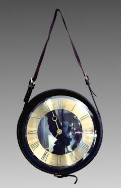 Jacques Adnet Round clock and barometer in black leather by Jacques Adnet France 1950 - 915437