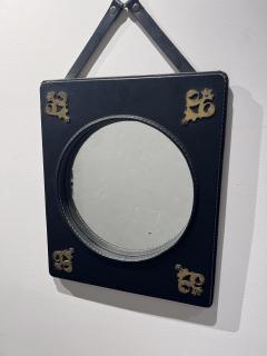 Jacques Adnet Stitched Leather Mirror with Brass Ornamentation - 2972729