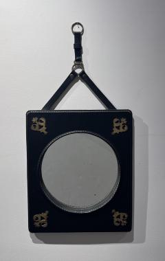 Jacques Adnet Stitched Leather Mirror with Brass Ornamentation - 2972734