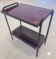 Jacques Adnet Two Tier Stiched Leather and Mahogany Side Table - 3213706