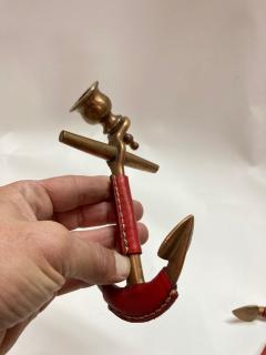 Jacques Adnet anchor Bronze and Stitched leather candlesticks by Jacques Adnet - 2982069