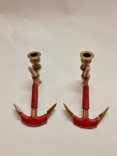 Jacques Adnet anchor Bronze and Stitched leather candlesticks by Jacques Adnet - 2982070