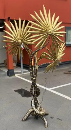 Jacques Duval Brasseur 1970 Yuka Palm Tree Floor Lamp in Brass and Patinated Iron Maison Jansen 3 Head - 3594075
