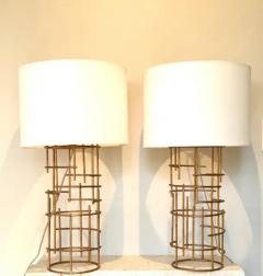 Jacques Quinet Pair of French Mid Century Modern Gilt Iron Table Lamps attr to Jacques Quinet - 4112862