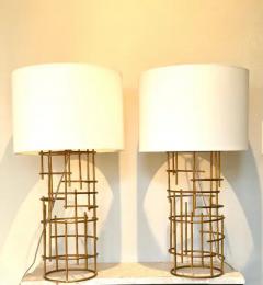 Jacques Quinet Pair of French Mid Century Modern Gilt Iron Table Lamps attr to Jacques Quinet - 4112866