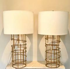 Jacques Quinet Pair of French Mid Century Modern Gilt Iron Table Lamps attr to Jacques Quinet - 4112899