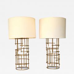 Jacques Quinet Pair of French Mid Century Modern Gilt Iron Table Lamps attr to Jacques Quinet - 4123550