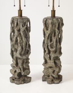 James Mont Exceptional Pair of Carved Gnarly Tree Form Lamps by James Mont  - 4272008