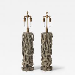 James Mont Exceptional Pair of Carved Gnarly Tree Form Lamps by James Mont  - 4277191