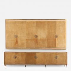 James Mont Large two piece wood parchment cabinet C 1950 in the manner of James Mont  - 3775166