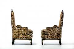 James Mont Pair of 1960s Hollywood Regency Chairs in Leopard Velvet Black Leather Piping - 3897840