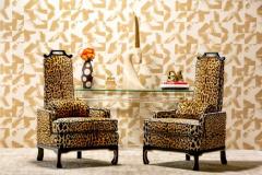 James Mont Pair of 1960s Hollywood Regency Chairs in Leopard Velvet Black Leather Piping - 3897844