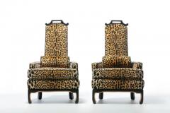 James Mont Pair of 1960s Hollywood Regency Chairs in Leopard Velvet Black Leather Piping - 3897852